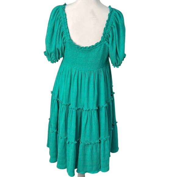 Easel Puff Sleeve Tiered Mini Babydoll Dress Green Small Flowy Romantic Boho NWT - Picture 9 of 13